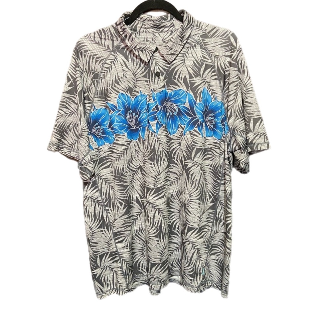 Tommy Bahama Hawaiian Polo Shirt Size XL Island Zone Hibiscus Gray/Blue Vacation